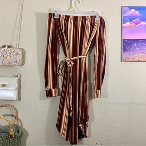 Brown Striped Off the Shoulder Midi Dress